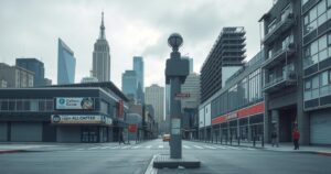 An illustration of a city skyline under lockdown, showcasing closed shops and empty streets, in a gray color scheme.