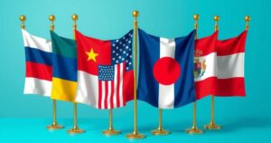 A symbolic representation of a powerful alliance with flags and diplomatic symbols, in bold colors.