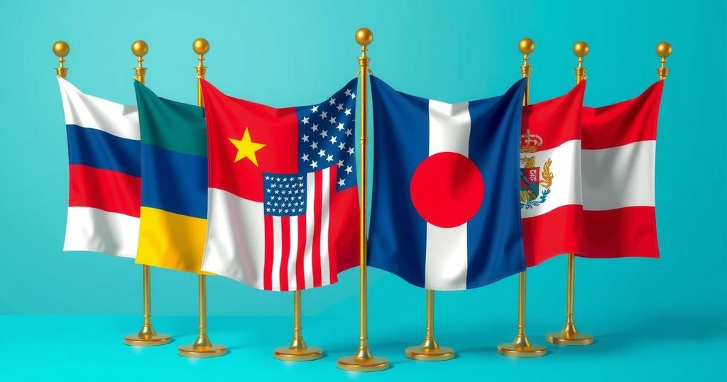 A symbolic representation of a powerful alliance with flags and diplomatic symbols, in bold colors.