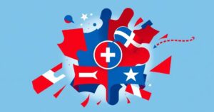 A conceptual artistic rendering of a political division with party symbols, blue and red color scheme, and abstract elements.
