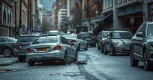 A chaotic urban scene depicting abandoned vehicles in a city environment after an incident, captured in muted colors.