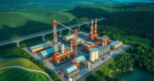 Aerial view of an oil refinery surrounded by green hills under a clear blue sky.