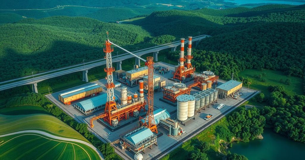Aerial view of an oil refinery surrounded by green hills under a clear blue sky.
