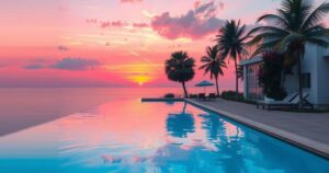 A serene sunset at a poolside with vibrant colors, reflecting a joyful moment of leisure and serenity.