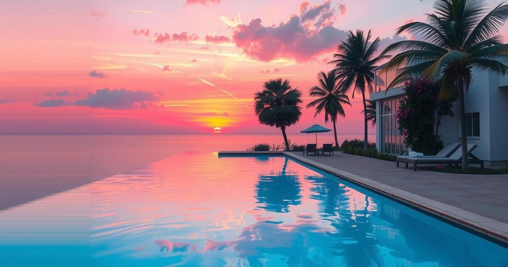 A serene sunset at a poolside with vibrant colors, reflecting a joyful moment of leisure and serenity.