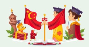 A symbolic representation of education cooperation between China and Botswana featuring cultural elements and educational themes.