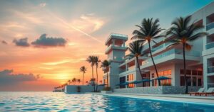 A beach resort at sunset with modern architecture, palm trees, and tranquil waters, symbolizing diplomacy.