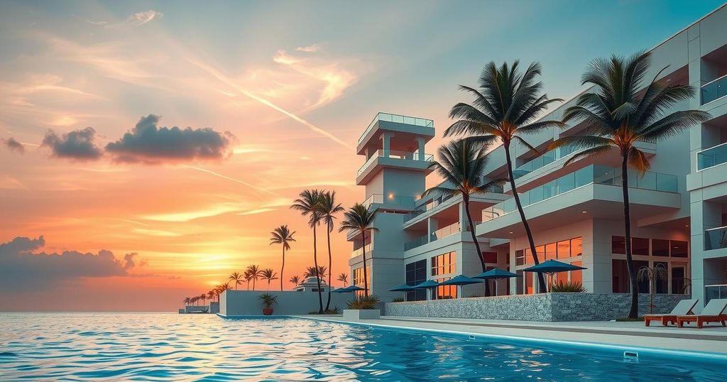 A beach resort at sunset with modern architecture, palm trees, and tranquil waters, symbolizing diplomacy.