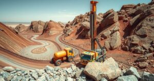 Drilling equipment at mining site in Namibia with mineral-focused landscape and earthy color palette.