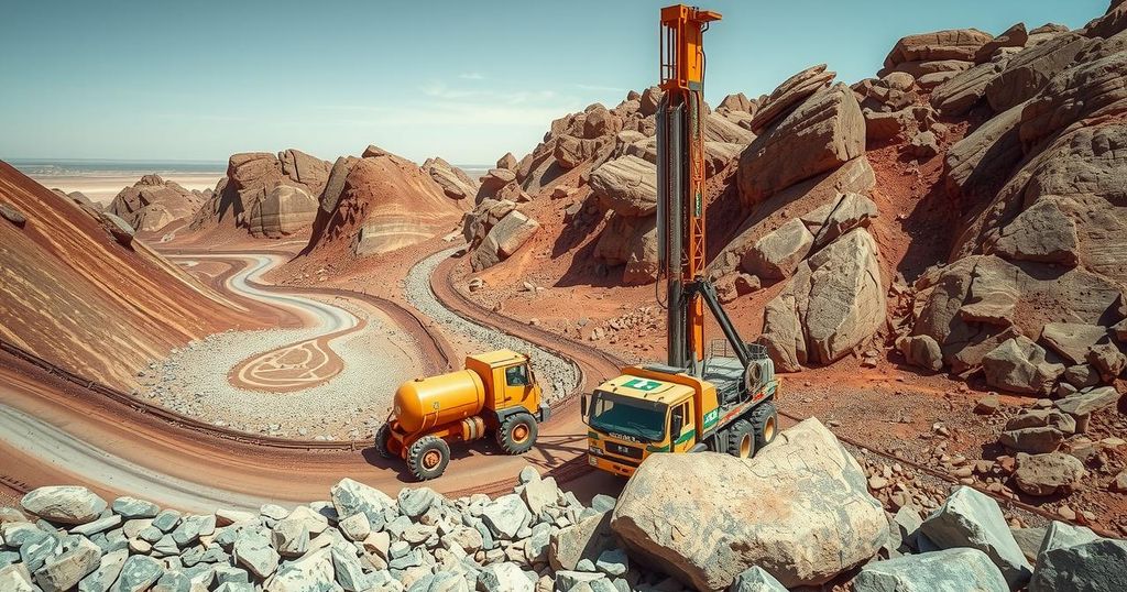 Drilling equipment at mining site in Namibia with mineral-focused landscape and earthy color palette.