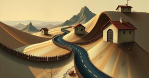 A visual representation of migration policies with abstract symbols like roads and barriers in muted colors.