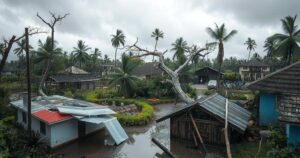 Destruction from a cyclone on La Reunion island with uprooted trees and damaged rooftops under gray skies