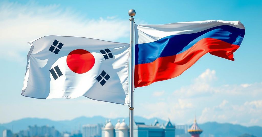 North Korean and Russian flags symbolize alliance and support during diplomatic talks without human presence.