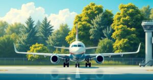 A serene airport scene with an official aircraft preparing for departure, surrounded by vibrant greenery and bright blue skies.