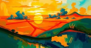 Colorful depiction of abstract Venezuelan and Salvadoran landscapes with a golden sunset, symbolizing international negotiations.