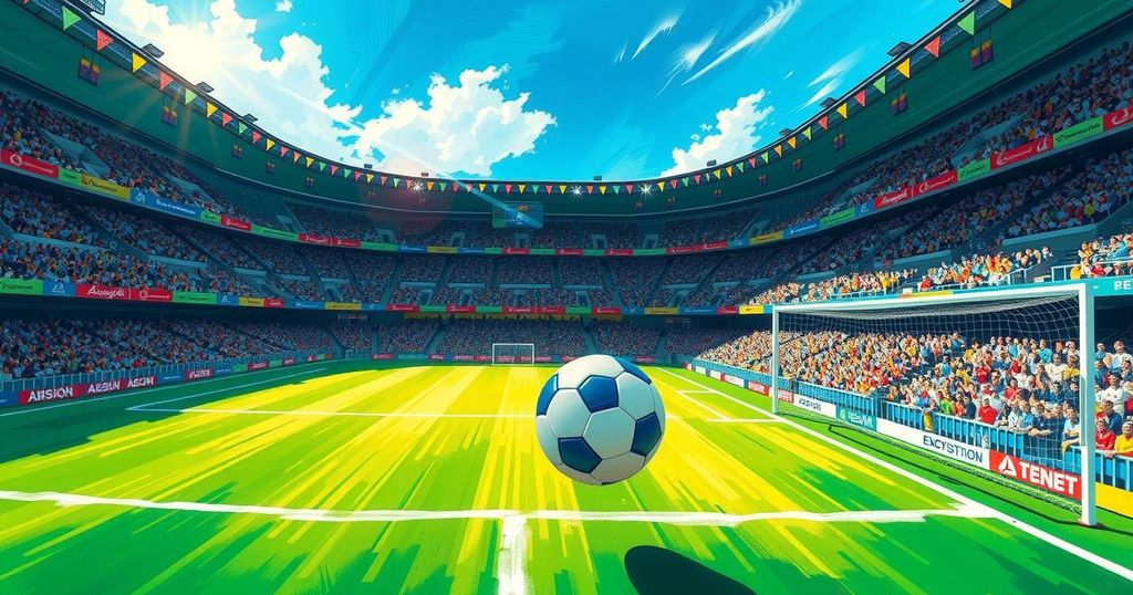 Dynamic soccer match scene with players and a bright stadium filled with excitement and energy.