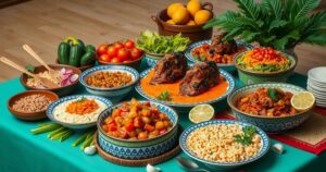 Colorful traditional Peruvian food displayed at a buffet table for a gastronomic festival in Hanoi with fresh ingredients.