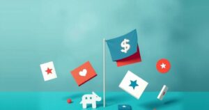 A conceptual representation of an election with political symbols and rising charts in muted colors.