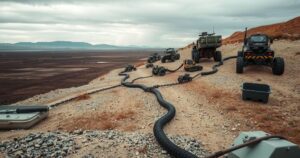 A military scene depicting demining operations by a foreign contingent in a war zone, in a muted color scheme.