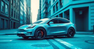 Tesla Model Y L showcasing extended body and sleek design with vibrant colors against an urban backdrop.