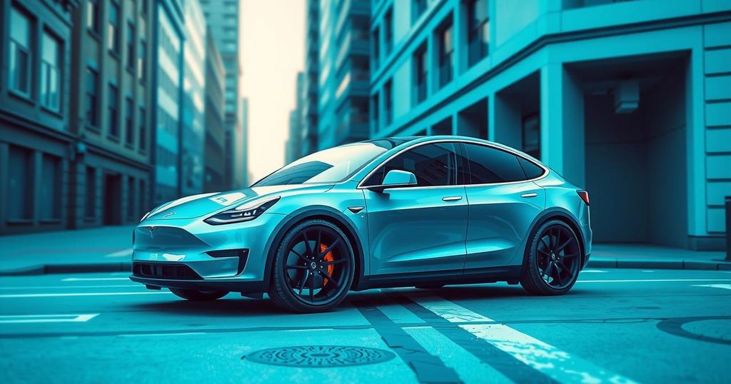 Tesla Model Y L showcasing extended body and sleek design with vibrant colors against an urban backdrop.