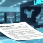 A lawsuit document set against a backdrop of a digital shopping interface, symbolizing e-commerce and legal action.