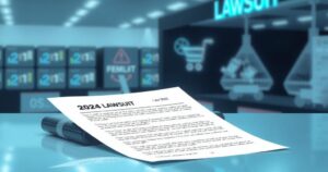 A lawsuit document set against a backdrop of a digital shopping interface, symbolizing e-commerce and legal action.