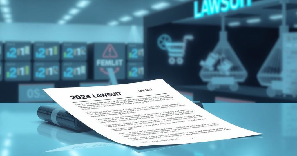 A lawsuit document set against a backdrop of a digital shopping interface, symbolizing e-commerce and legal action.