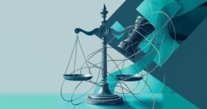 A vibrant abstract composition featuring justice scales and a tangled web in muted colors, symbolizing complex legal narratives.