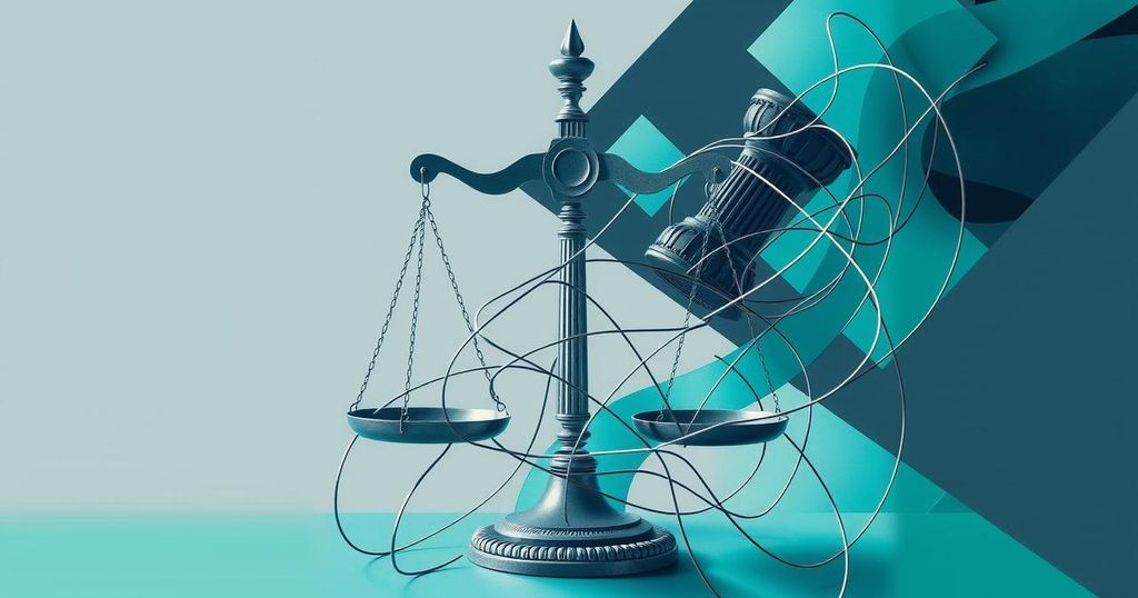 A vibrant abstract composition featuring justice scales and a tangled web in muted colors, symbolizing complex legal narratives.
