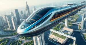 A design concept of a futuristic maglev train soaring above a modern cityscape, showcasing innovation and speed.