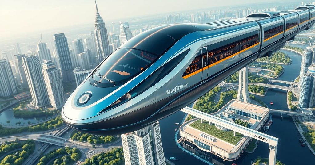 A design concept of a futuristic maglev train soaring above a modern cityscape, showcasing innovation and speed.