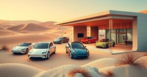 A futuristic electric vehicle showroom in Saudi Arabia showcasing modern cars with a desert backdrop.