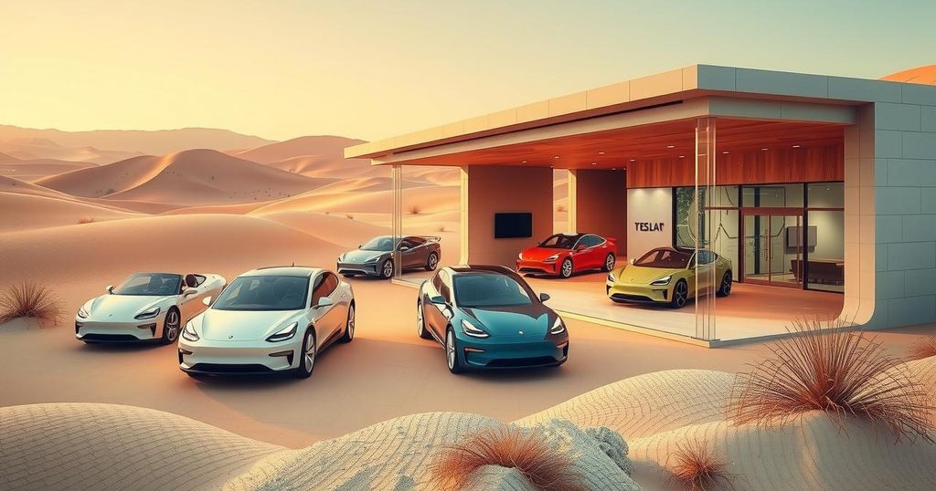 A futuristic electric vehicle showroom in Saudi Arabia showcasing modern cars with a desert backdrop.
