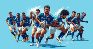 Fiji rugby team lineup for match against Wallabies, featuring notable players and vibrant team colors.