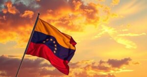 Venezuelan flag waving in the breeze against a sunset sky, symbolizing freedom and international relations.