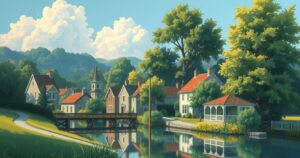 A serene village landscape under a blue sky with green trees, symbolizing community and support amid sorrow.