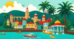 Colorful representation of Kingston's East area with local landmarks in a vibrant, tropical style.