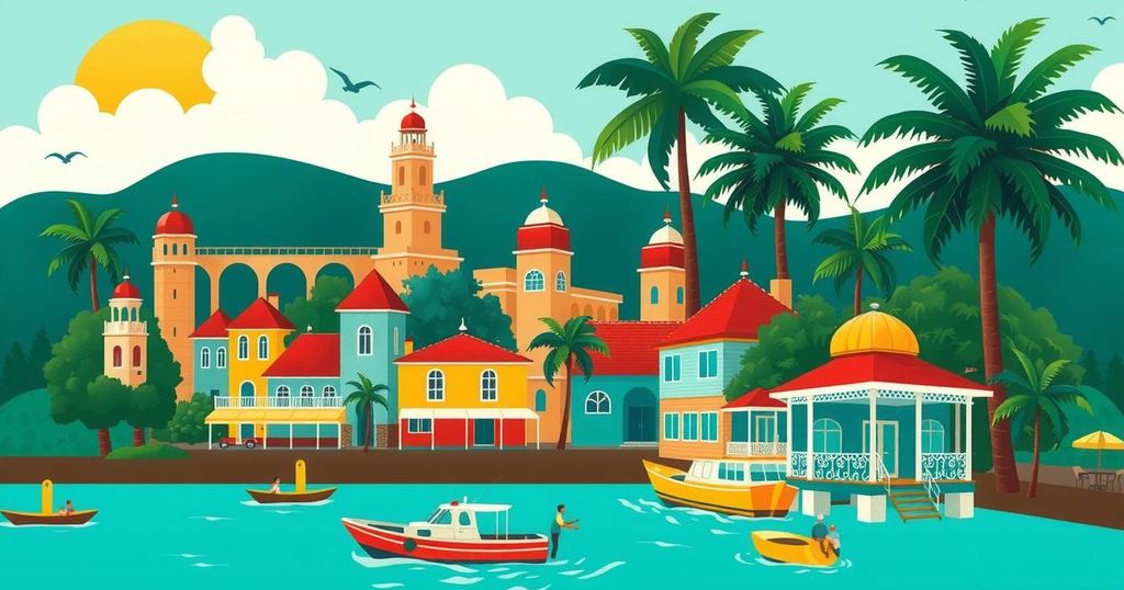 Colorful representation of Kingston's East area with local landmarks in a vibrant, tropical style.