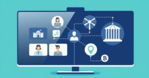 Illustration of a virtual meeting with abstract symbols of unity, strategy, and governance in a modern digital style.