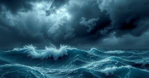 A stormy sea with dark clouds and turbulent waves, symbolizing monsoon weather in Thailand.
