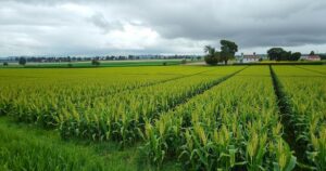 Lush cornfields under a cloudy sky with rain clouds and hints of frost in a landscape reflecting harvest season.