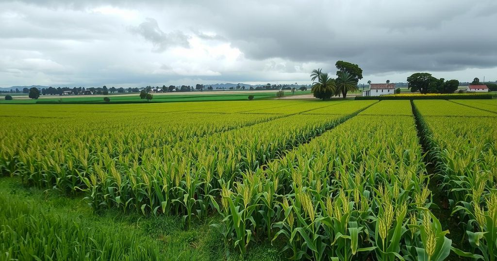 Lush cornfields under a cloudy sky with rain clouds and hints of frost in a landscape reflecting harvest season.
