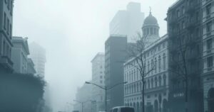 Fog blankets Buenos Aires streets creating a mysterious atmosphere with outlines of buildings barely visible.