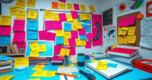 A colorful creative workspace with post-it notes, slogans, and brainstorming tools for political campaigning.