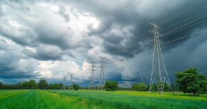 Storm preparation scene with power lines and green landscape under cloudy skies, depicting energy company readiness.