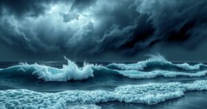 A dramatic coastal scene depicting turbulent ocean waves and gusty winds in a stormy atmosphere.