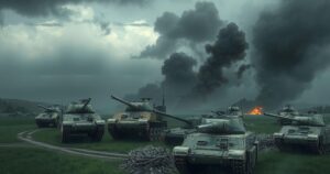 Tanks and artillery in a dramatic landscape evoke the intensity of military cooperation and conflict.