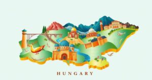 A colorful map of Hungary and Uzbekistan highlighting cultural connections and geographical features.