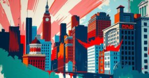 A symbolic representation of political tension in New York, featuring abstract urban landscapes and vibrant colors.